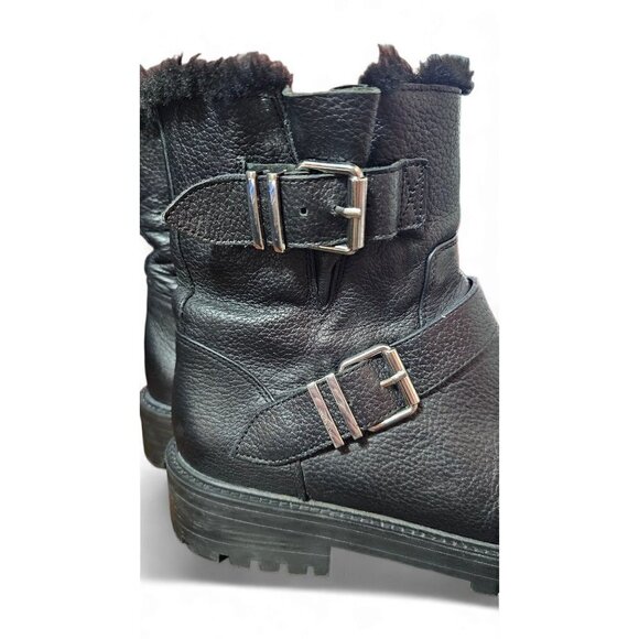 Zara Basic black leather moto combat boots zipper shearling lined EU41 US10 - Picture 13 of 16